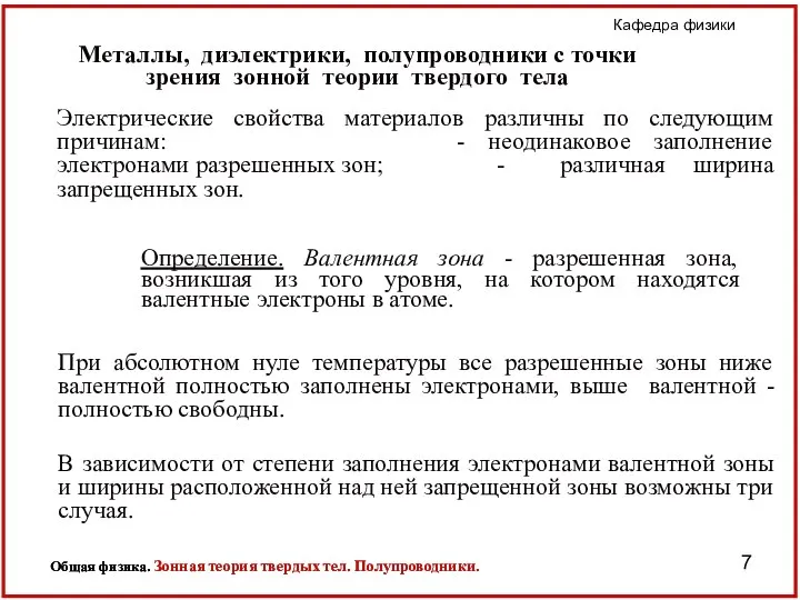 Металлы, диэлектрики, полупроводники с точки зрения зонной теории твердого тела Электрические