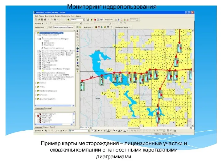 Мониторинг недропользования Пример карты месторождения – лицензионные участки и скважины компании с нанесенными каротажными диаграммами