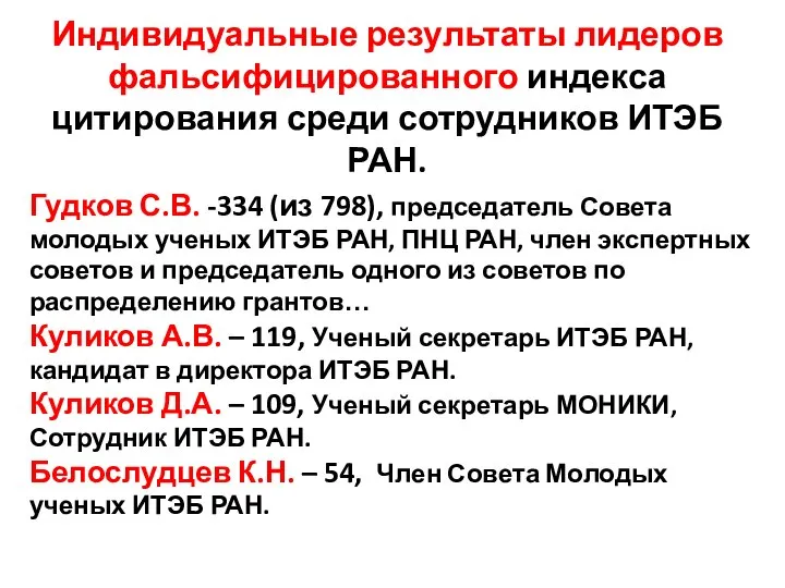 Индивидуальные результаты лидеров фальсифицированного индекса цитирования среди сотрудников ИТЭБ РАН. Гудков