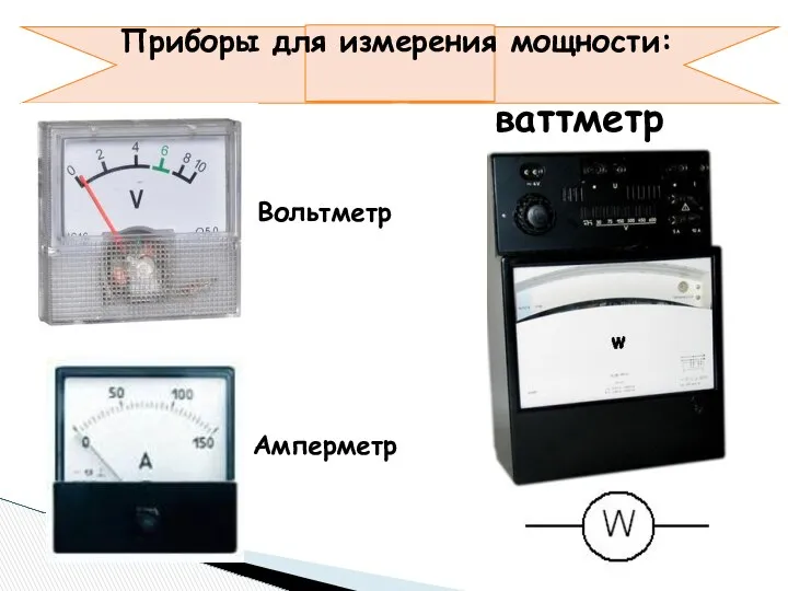 Приборы для измерения мощности: ваттметр Вольтметр Амперметр