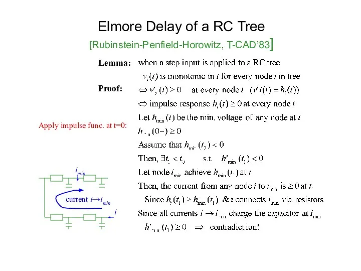 Elmore Delay of a RC Tree [Rubinstein-Penfield-Horowitz, T-CAD’83] Lemma: Proof: Apply