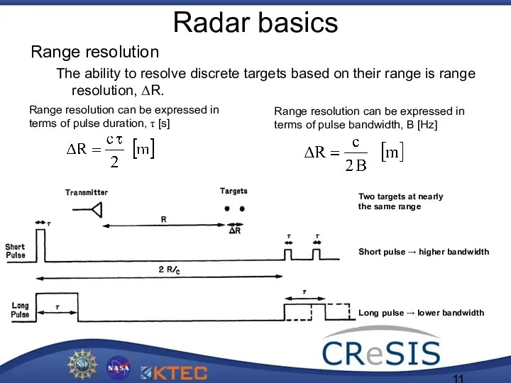 Radar basics Range resolution The ability to resolve discrete targets based
