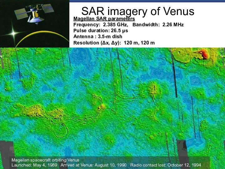 SAR imagery of Venus Magellan SAR parameters Frequency: 2.385 GHz, Bandwidth: