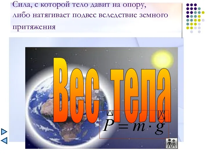 Сила, с которой тело давит на опору, либо натягивает подвес вследствие земного притяжения Вес тела