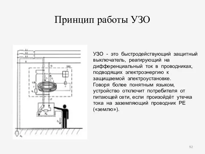 Принцип работы УЗО УЗО - это быстродействующий защитный выключатель, реагирующий на