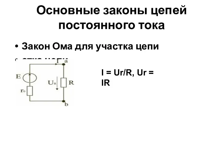 Основные законы цепей постоянного тока Закон Ома для участка цепи стка