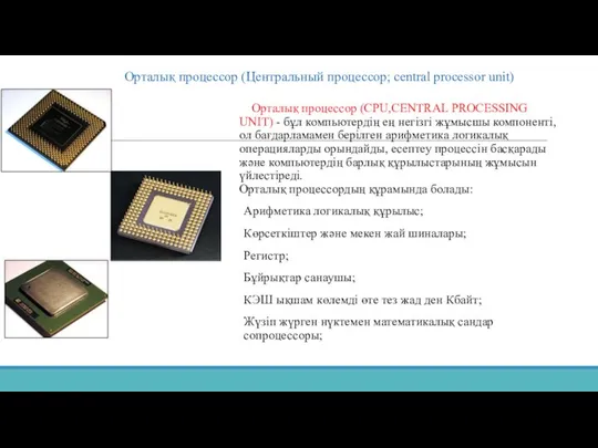 Орталық процессор (Центральный процессор; central processor unit) Орталық процессор (CPU,CENTRAL PROCESSING