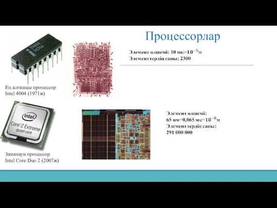 Процессорлар Ең алғашқы процессор Intel 4004 (1971ж) Заманауи процессор Intel Core Duo 2 (2007ж)