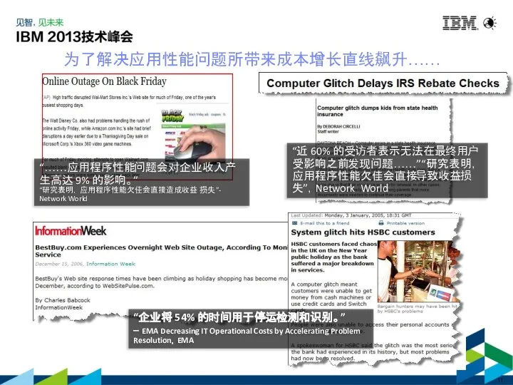 为了解决应用性能问题所带来成本增长直线飙升…… “……应用程序性能问题会对企业收入产生高达 9% 的影响。” “研究表明，应用程序性能欠佳会直接造成收益损失”- Network World “企业将 54% 的时间用于停运检测和识别。” –