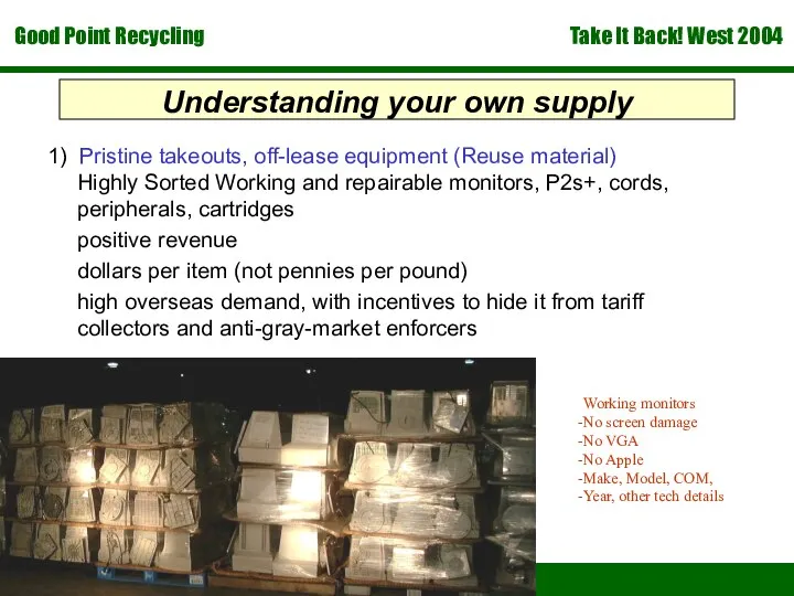 Understanding your own supply 1) Pristine takeouts, off-lease equipment (Reuse material)