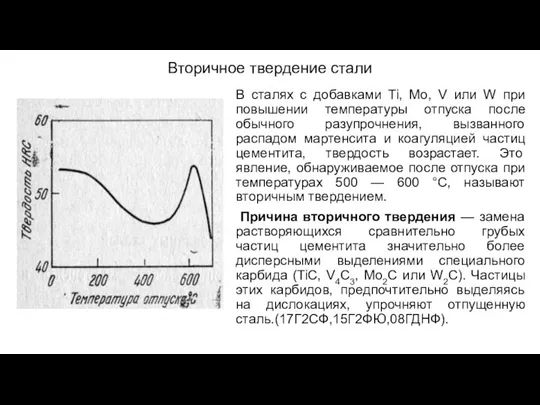 Вторичное твердение стали В сталях с добавками Ti, Mo, V или