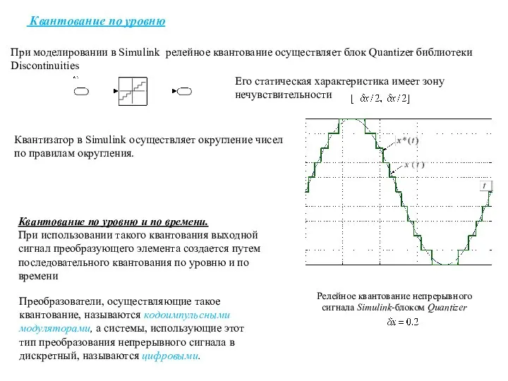 Квантование по уровню При моделировании в Simulink релейное квантование осуществляет блок