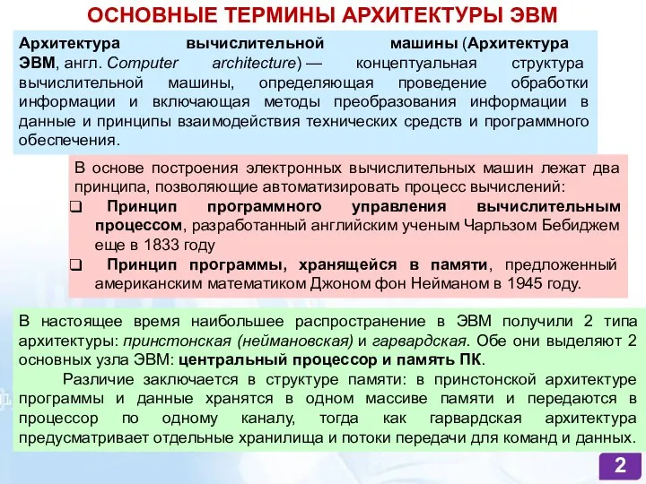 ОСНОВНЫЕ ТЕРМИНЫ АРХИТЕКТУРЫ ЭВМ В основе построения электронных вычислительных машин лежат