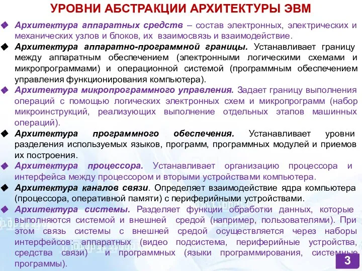 УРОВНИ АБСТРАКЦИИ АРХИТЕКТУРЫ ЭВМ Архитектура аппаратных средств – состав электронных, электрических