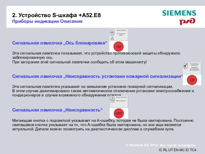 2. Устройство S-шкафа +A52.E8 Приборы индикации Описание Сигнальная лампочка „Ось блокирована“