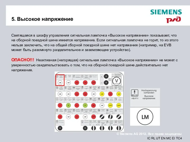 5. Высокое напряжение Светящаяся в шкафу управления сигнальная лампочка «Высокое напряжение»