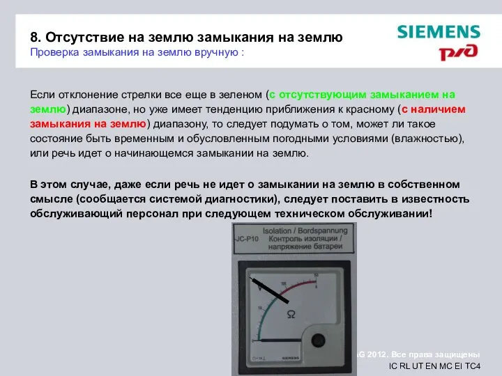 8. Отсутствие на землю замыкания на землю Проверка замыкания на землю