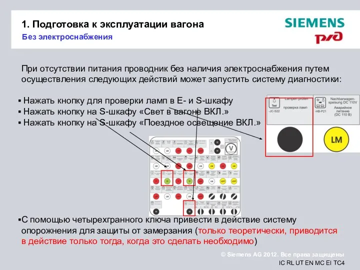 1. Подготовка к эксплуатации вагона Без электроснабжения При отсутствии питания проводник