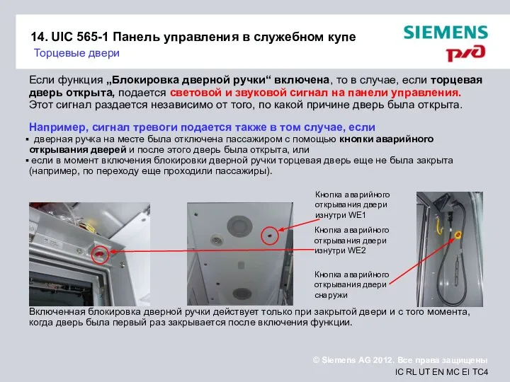 14. UIC 565-1 Панель управления в служебном купе Торцевые двери Если