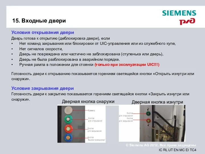 15. Входные двери Условия открывания двери Дверь готова к открытию (деблокировка