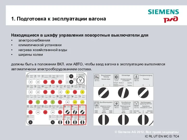 1. Подготовка к эксплуатации вагона Находящиеся в шкафу управления поворотные выключатели