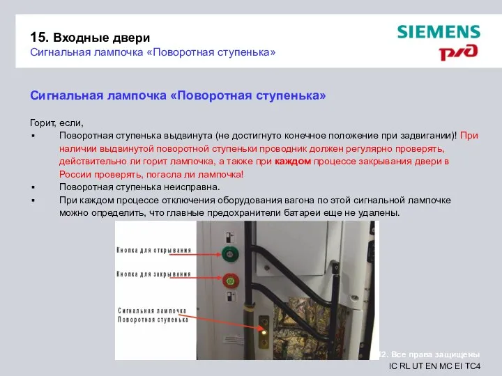 15. Входные двери Сигнальная лампочка «Поворотная ступенька» Сигнальная лампочка «Поворотная ступенька»