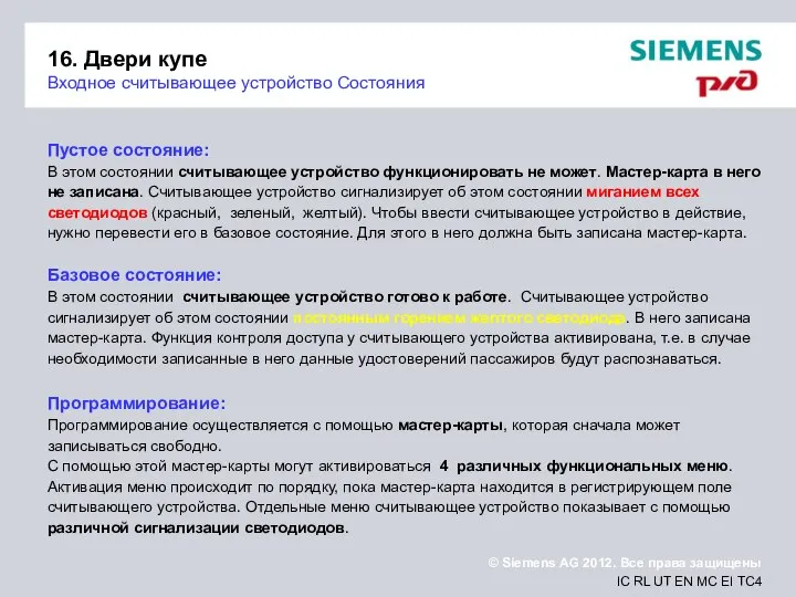 16. Двери купе Входное считывающее устройство Состояния Пустое состояние: В этом