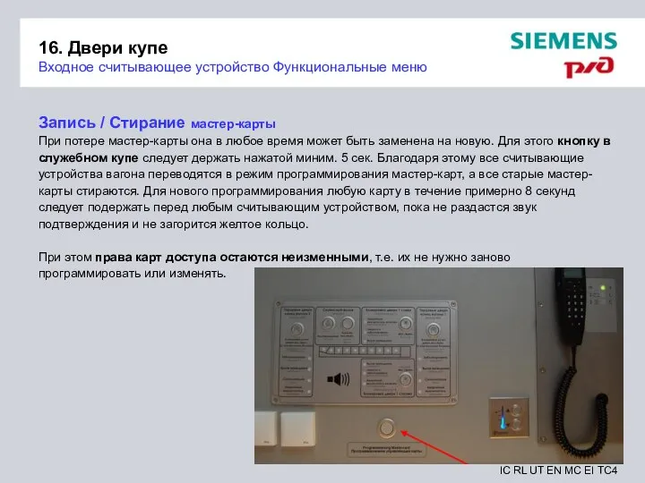 16. Двери купе Входное считывающее устройство Функциональные меню Запись / Стирание