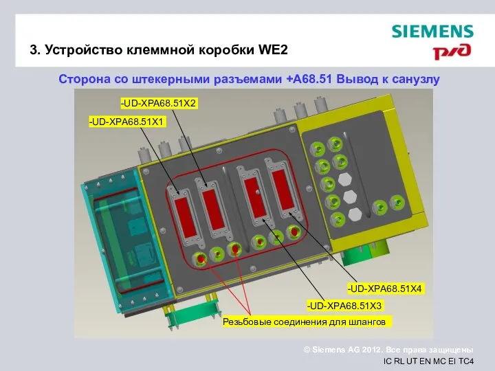 3. Устройство клеммной коробки WE2 Сторона со штекерными разъемами +A68.51 Вывод