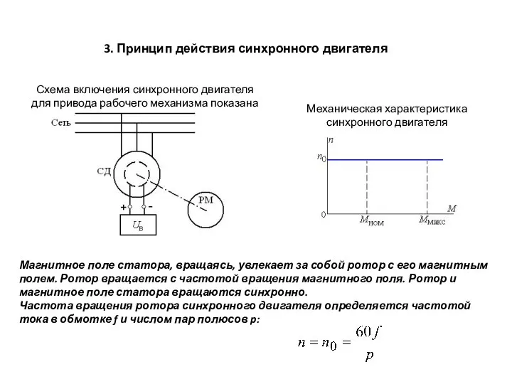 3. Принцип действия синхронного двигателя Схема включения синхронного двигателя для привода