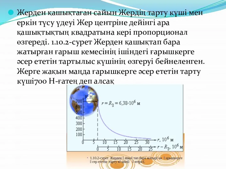 Жерден қашықтаған сайын Жердің тарту күші мен еркін түсу үдеуі Жер