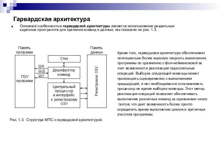 Гарвардская архитектура Основной особенностью гарвардской архитектуры является использование раздельных адресных пространств