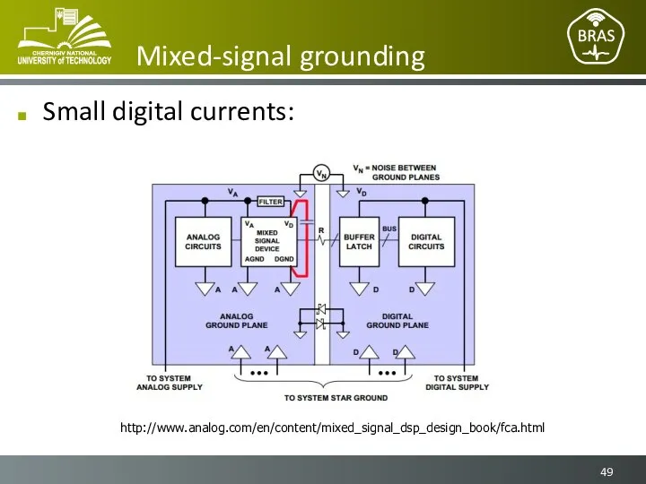 Mixed-signal grounding Small digital currents: http://www.analog.com/en/content/mixed_signal_dsp_design_book/fca.html