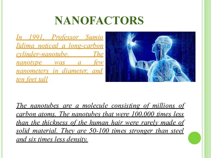 NANOFACTORS In 1991, Professor Sumio Iidima noticed a long-carbon cylinder-nanotube. The