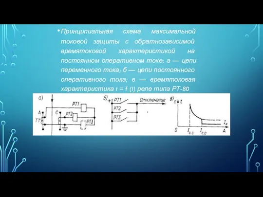 Принципиальная схема максимальной токовой защиты с обратнозависимой времятоковой характеристикой на постоянном