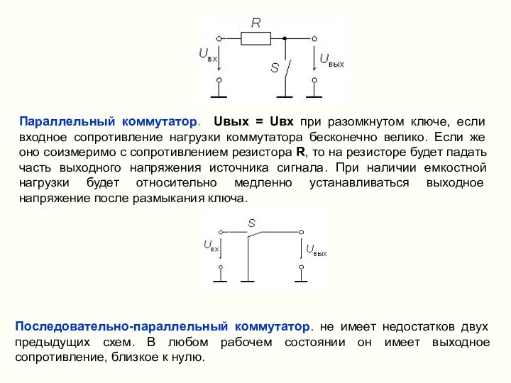 Параллельный коммутатор. Uвых = Uвх при разомкнутом ключе, если входное сопротивление