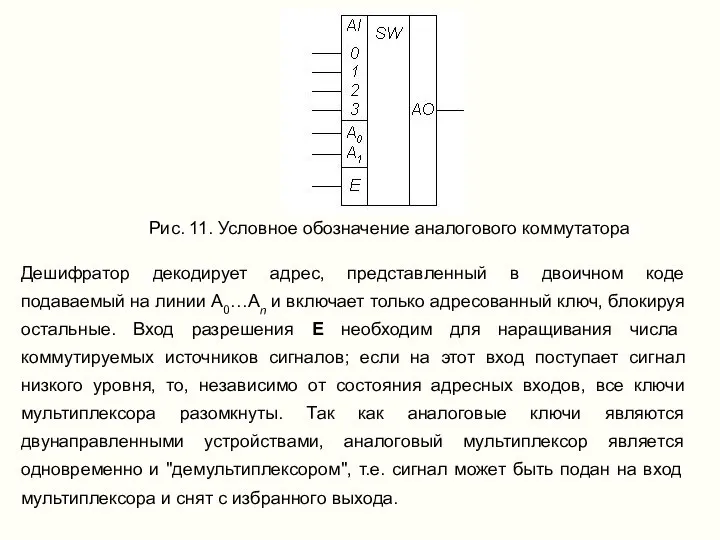 Дешифратор декодирует адрес, представленный в двоичном коде подаваемый на линии А0…Аn