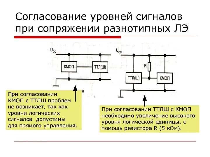 Согласование уровней сигналов при сопряжении разнотипных ЛЭ При согласовании КМОП с