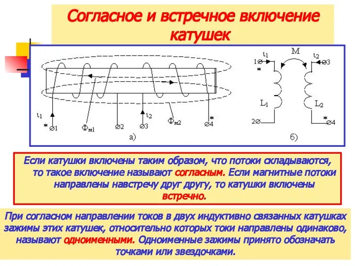 Согласное и встречное включение катушек Если катушки включены таким образом, что