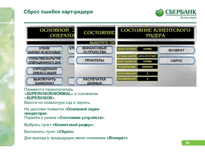 Сброс ошибок карт-ридера Перевести переключатель «SUPERVISOR/NORMAL» в положение «SUPERVISOR». Ввести на