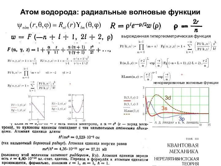 Атом водорода: радиальные волновые функции вырожденная гипергеометрическая функция ненормированные волновые функции 3s 3p 3d