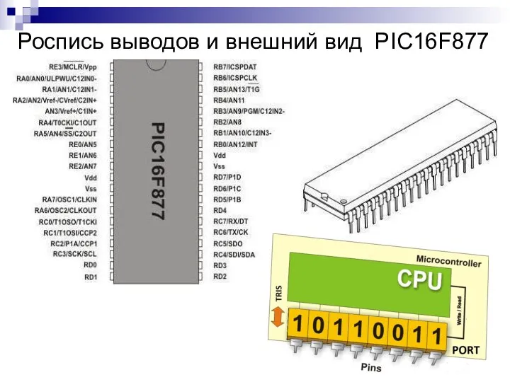 Роспись выводов и внешний вид PIC16F877