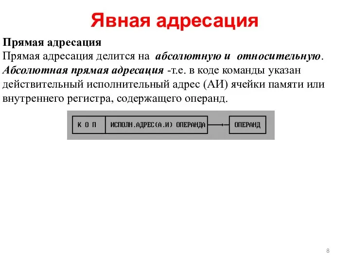 Явная адресация Прямая адресация Прямая адресация делится на абсолютную и относительную.