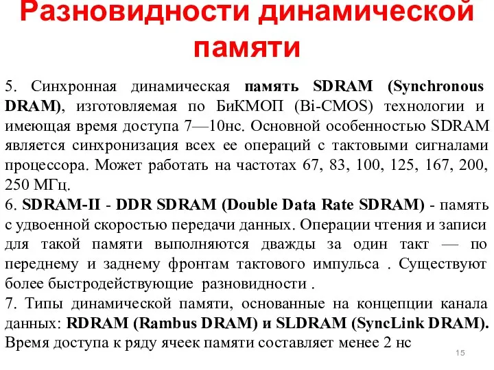 Разновидности динамической памяти 5. Синхронная динамическая память SDRAM (Synchronous DRAM), изготовляемая