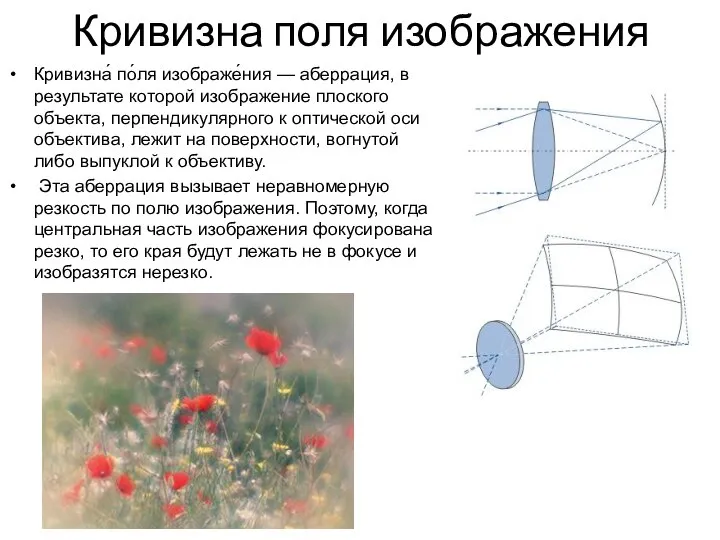 Кривизна поля изображения Кривизна́ по́ля изображе́ния — аберрация, в результате которой