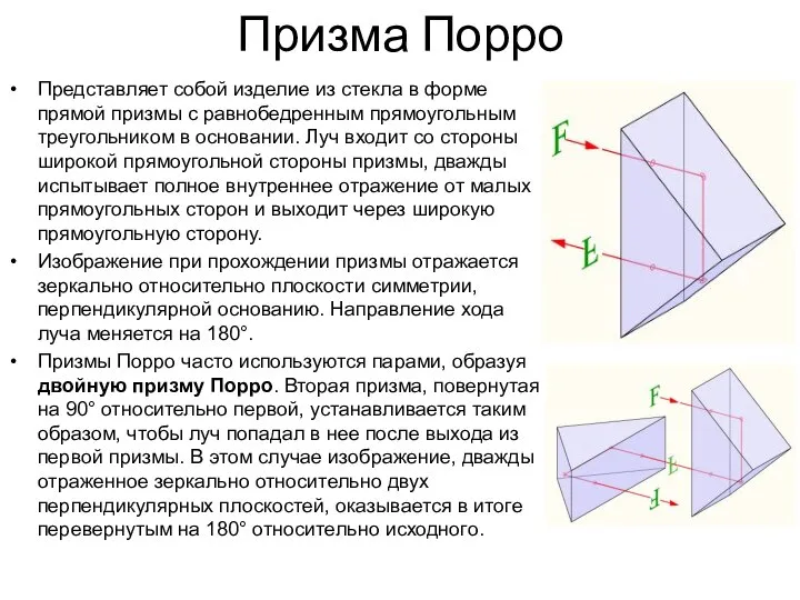 Призма Порро Представляет собой изделие из стекла в форме прямой призмы