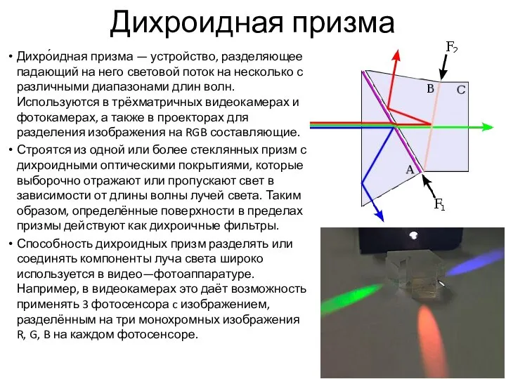 Дихроидная призма Дихро́идная призма — устройство, разделяющее падающий на него световой