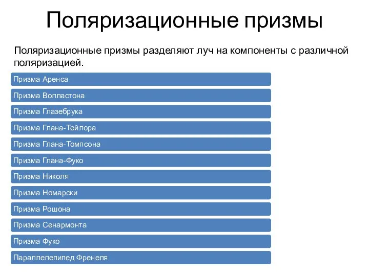 Поляризационные призмы Поляризационные призмы разделяют луч на компоненты с различной поляризацией.