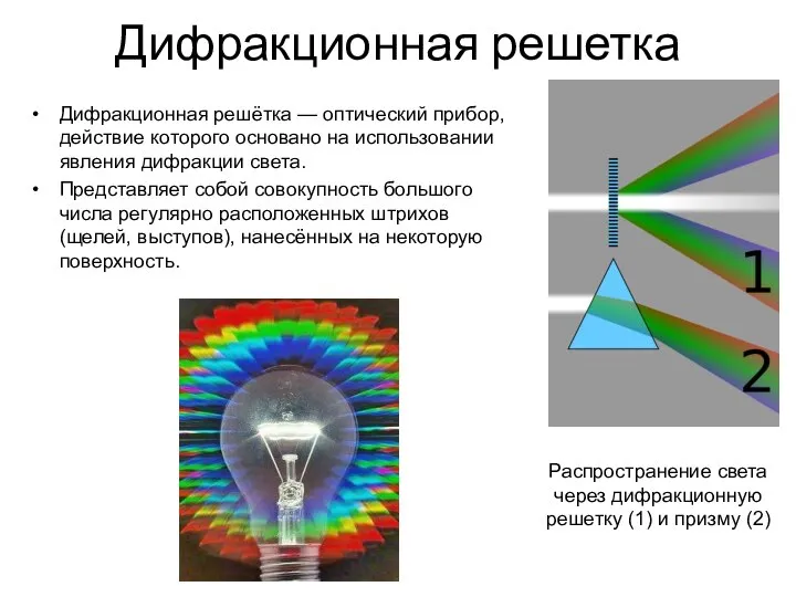 Дифракционная решетка Дифракционная решётка — оптический прибор, действие которого основано на