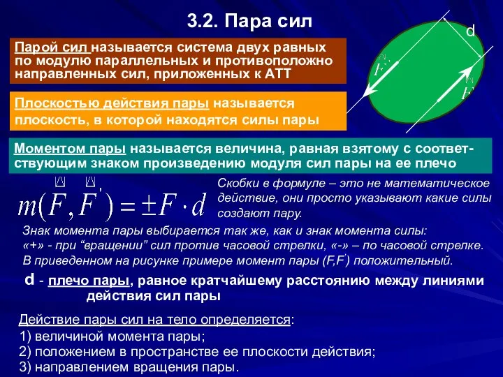 3.2. Пара сил Парой сил называется система двух равных по модулю